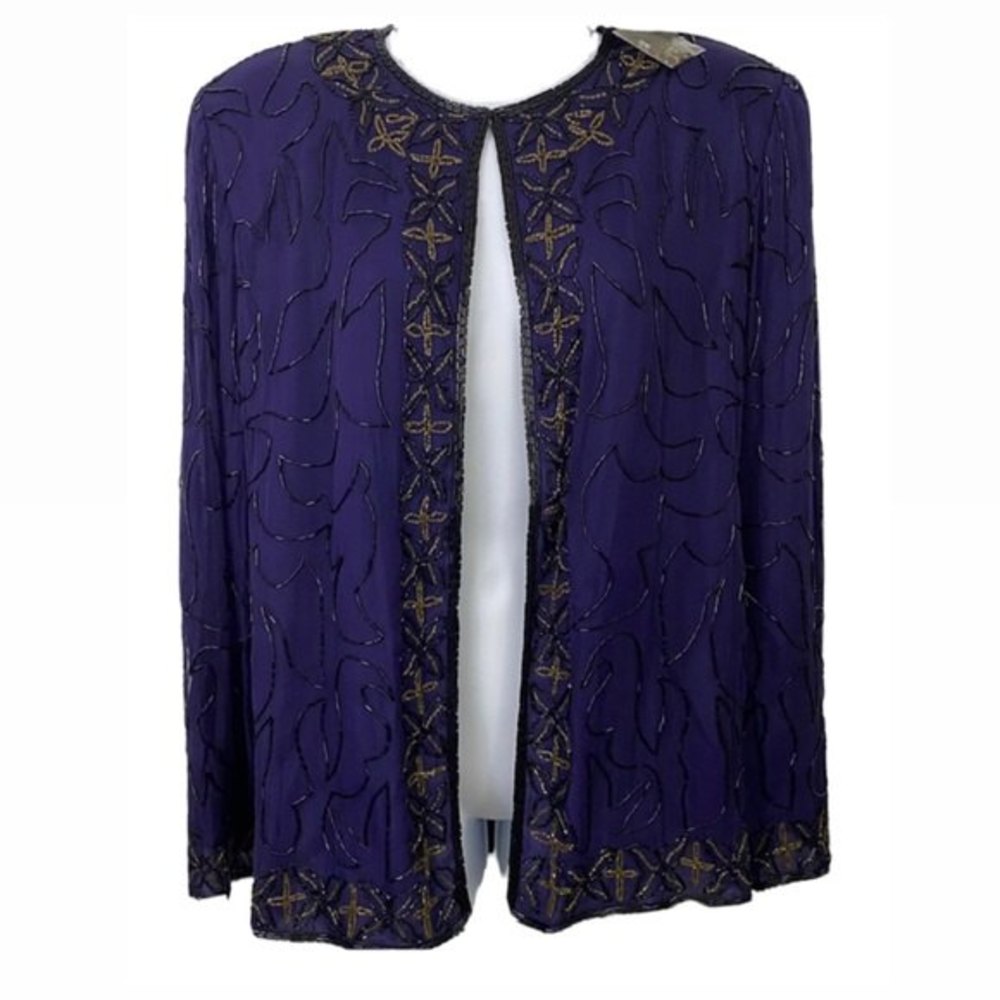 JMD New York Purple Beaded Lined Evening Jacket Size Large 100% Silk NWT